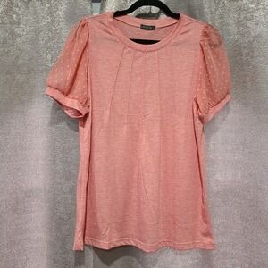 Ofeefan Coral Pink Swiss Dot Mesh Puff Sleeve Pleated‎ Knit Top Women's  Medium